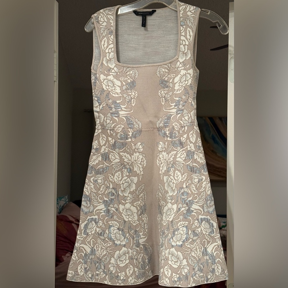 BCBGMaxAzria Beige Floral Mesh Fit-and-Flare Mini Dress